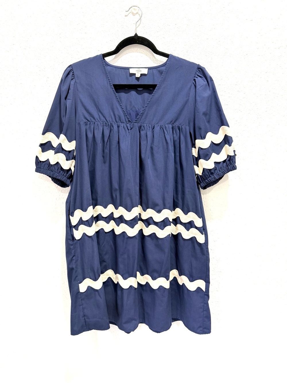 Entro Navy Blue Baby doll ric rac trim Dress L - Picture 10 of 10